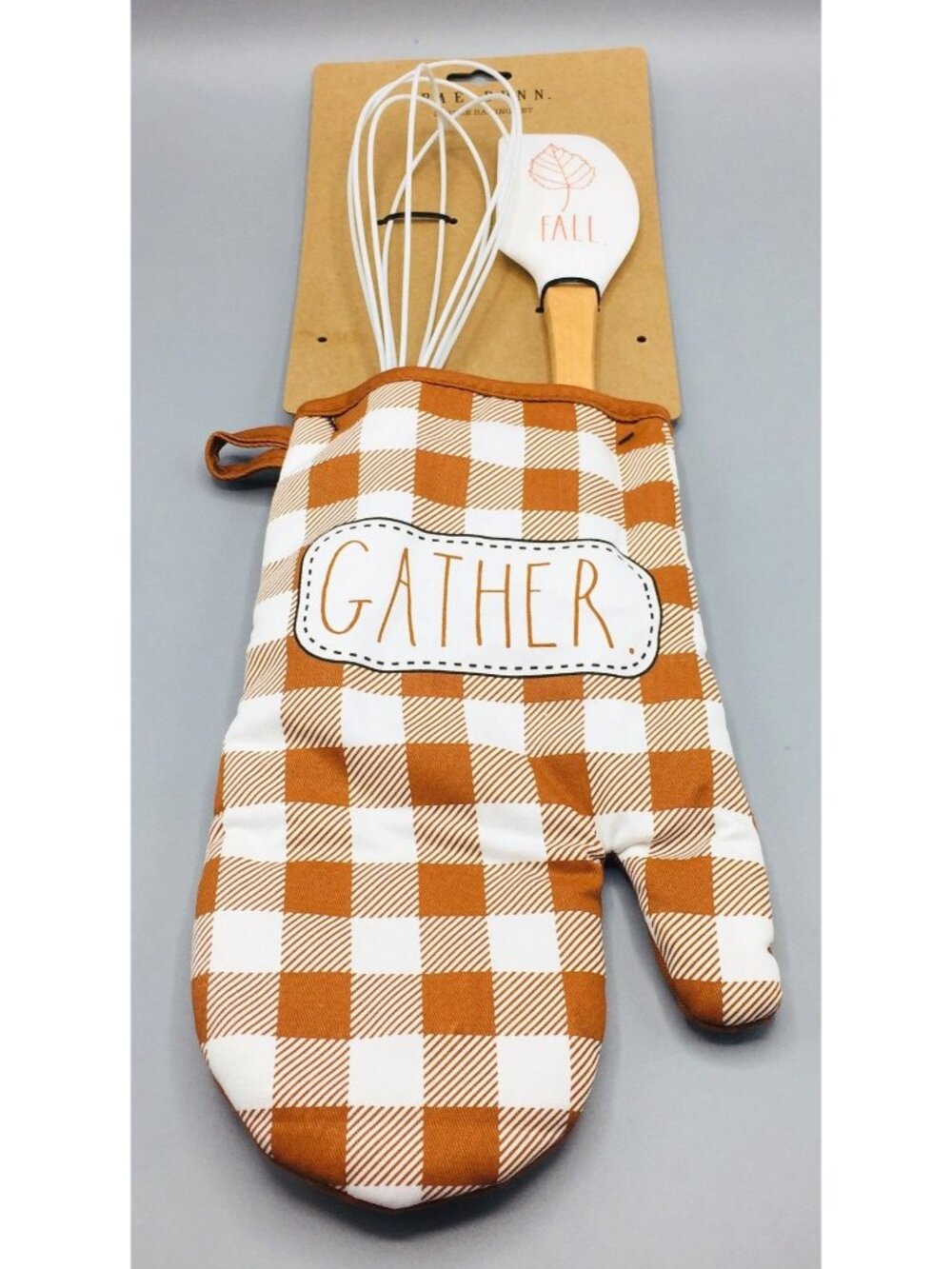 Rae Dunn Gather 3 Piece Baking Set Whisk Scraper Checker Board Oven Mitt